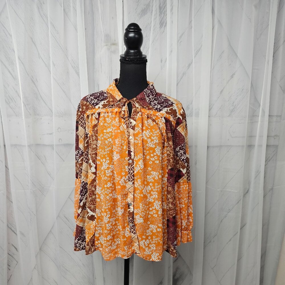 Cato Orange and Brown Floral Blouse Size XL Super Pretty and Feminine EUC